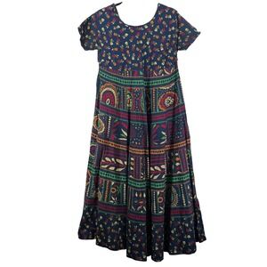 Handmade Vintage Maxi Dress Navy Red Boho Tribal Floral Back Bow Short Sleeve